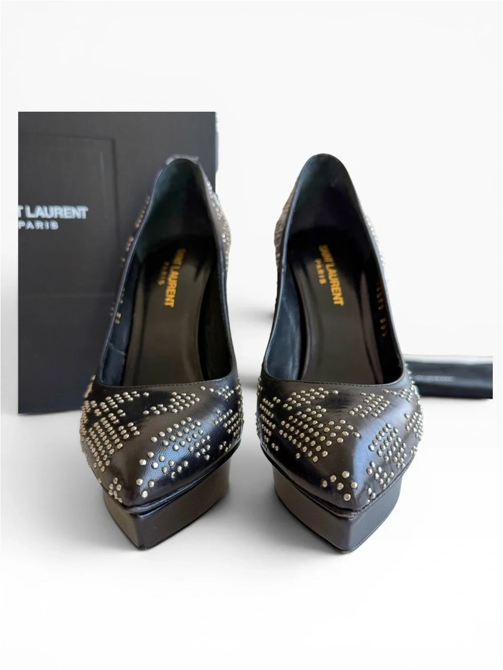 Saint Laurent Janis Diamond Grid Studded Platform Pumps 38.5 Hedi Slimane Era